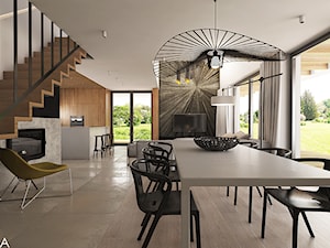 Projekt wnętrza domu jednorodzinnego w Chrzanowie, 180 m2 - Średni czarny szary salon z kuchnią z jadalnią z tarasem / balkonem z barkiem, styl minimalistyczny - zdjęcie od TIKA DESIGN