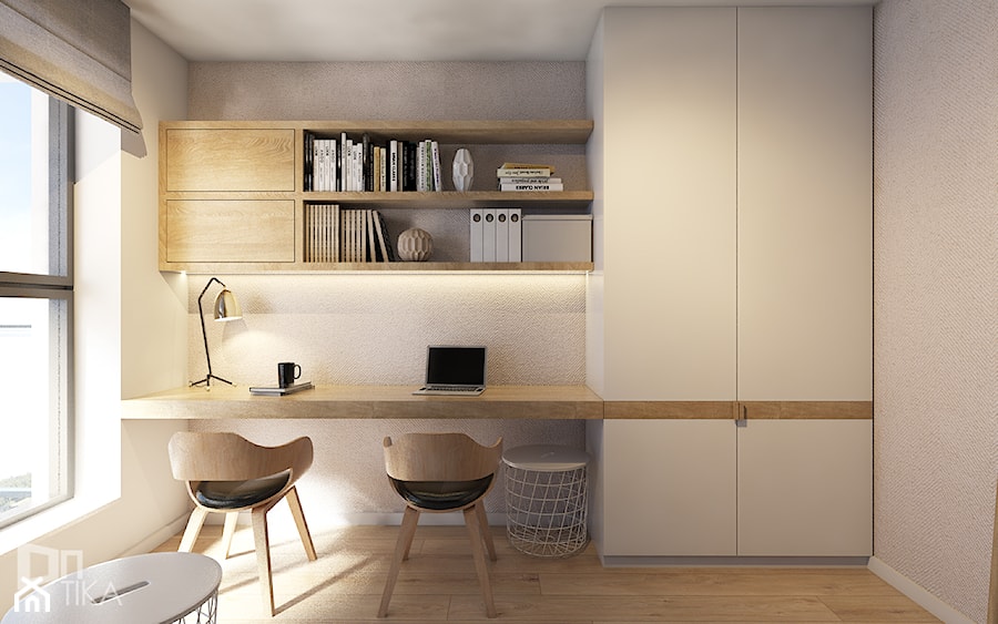 Mieszkanie w Katowicach, 90 m2 - Małe w osobnym pomieszczeniu z zabudowanym biurkiem białe biuro, styl nowoczesny - zdjęcie od TIKA DESIGN