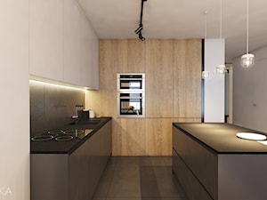 Mieszkanie w Katowicach, 90 m2 - Średnia otwarta z kamiennym blatem beżowa z zabudowaną lodówką z nablatowym zlewozmywakiem kuchnia w kształcie litery l z wyspą lub półwyspem, styl nowoczesny - zdjęcie od TIKA DESIGN