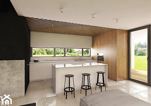 Projekt wnętrza domu jednorodzinnego w Chrzanowie, 180 m2 - Duża otwarta z salonem biała szara z zabudowaną lodówką kuchnia w kształcie litery l z wyspą lub półwyspem, styl minimalistyczny - zdjęcie od TIKA DESIGN
