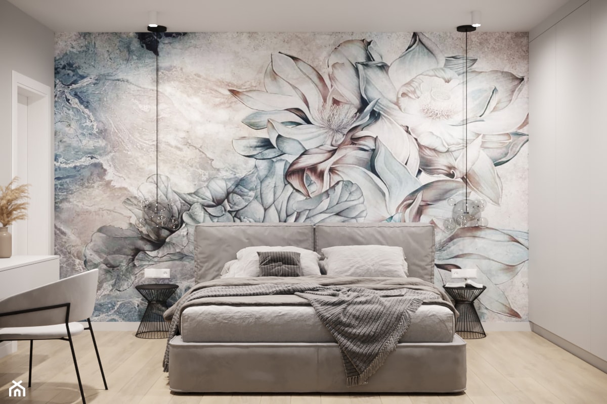 Jasna przytulna sypialnia z tapetą z motywem kwiatów - zdjęcie od Smart Design - Homebook