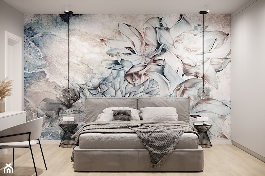 Jasna przytulna sypialnia z tapetą z motywem kwiatów - zdjęcie od Smart Design