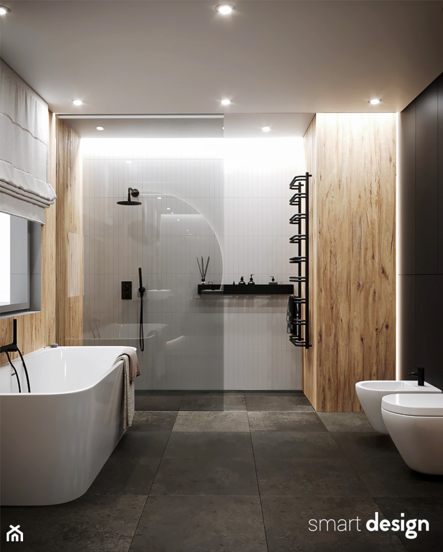 Nowoczesna łazienka w drewnie bieli i szarości - zdjęcie od Smart Design