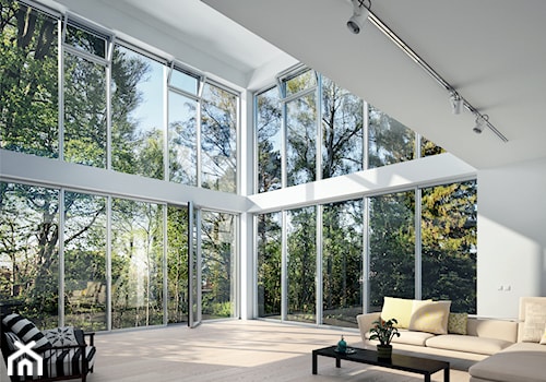 Drzwi i okna do energooszczędnego domu - Duży biały salon, styl minimalistyczny - zdjęcie od Schüco Polska