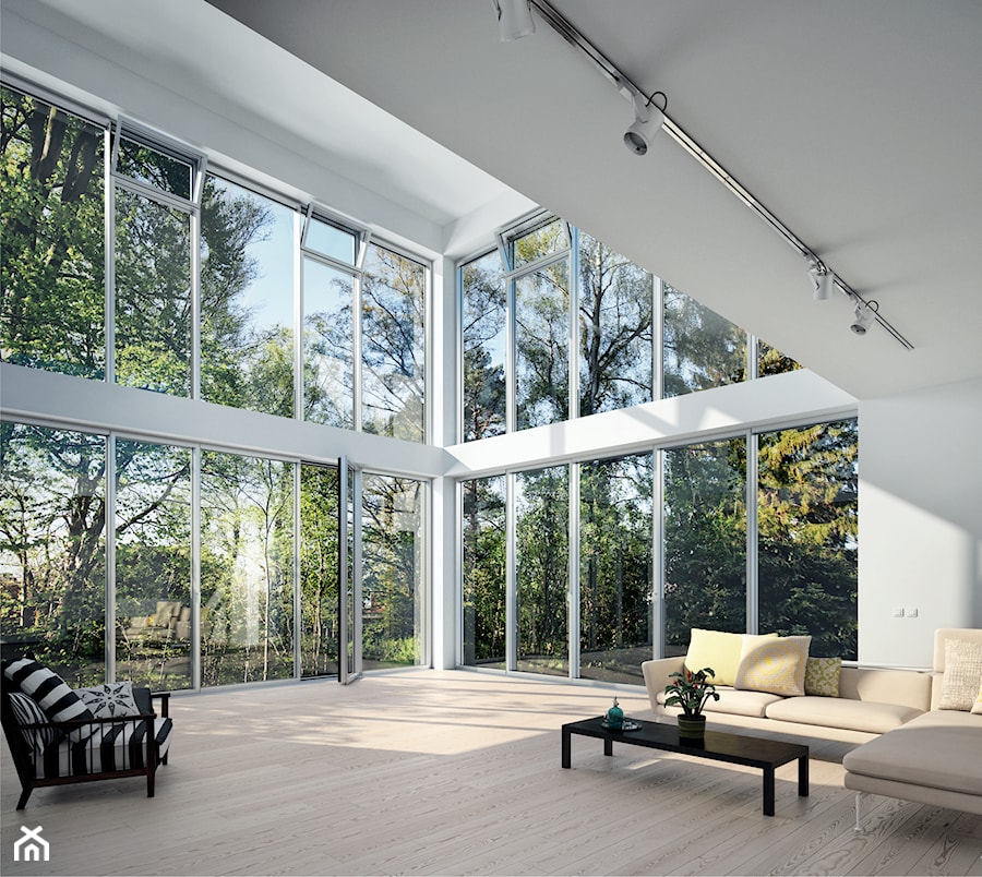 Drzwi i okna do energooszczędnego domu - Duży biały salon, styl minimalistyczny - zdjęcie od Schüco Polska