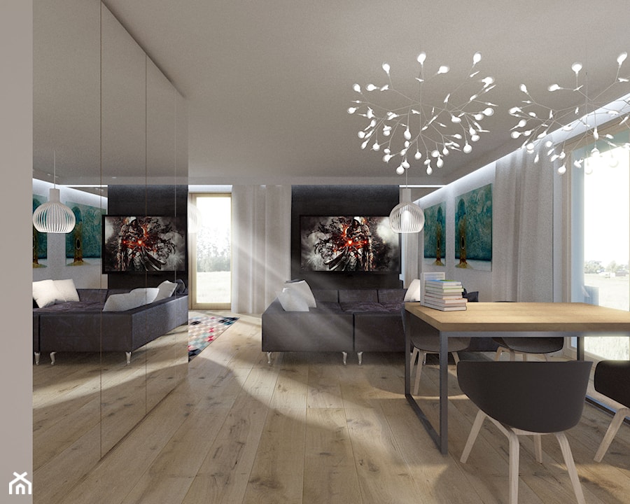 apartament - Średni biały salon z jadalnią, styl nowoczesny - zdjęcie od PRACOWNIA ARCHITEKTURY OPALIŃSKI