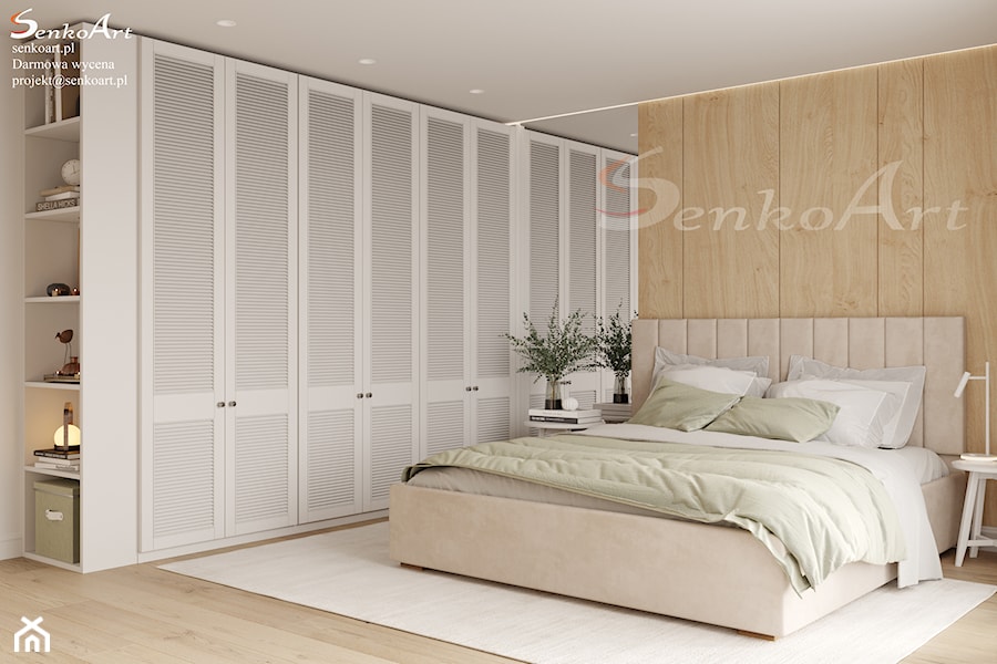 Sypialnia skandynawska z elementami drewna - zdjęcie od Senkoart Design