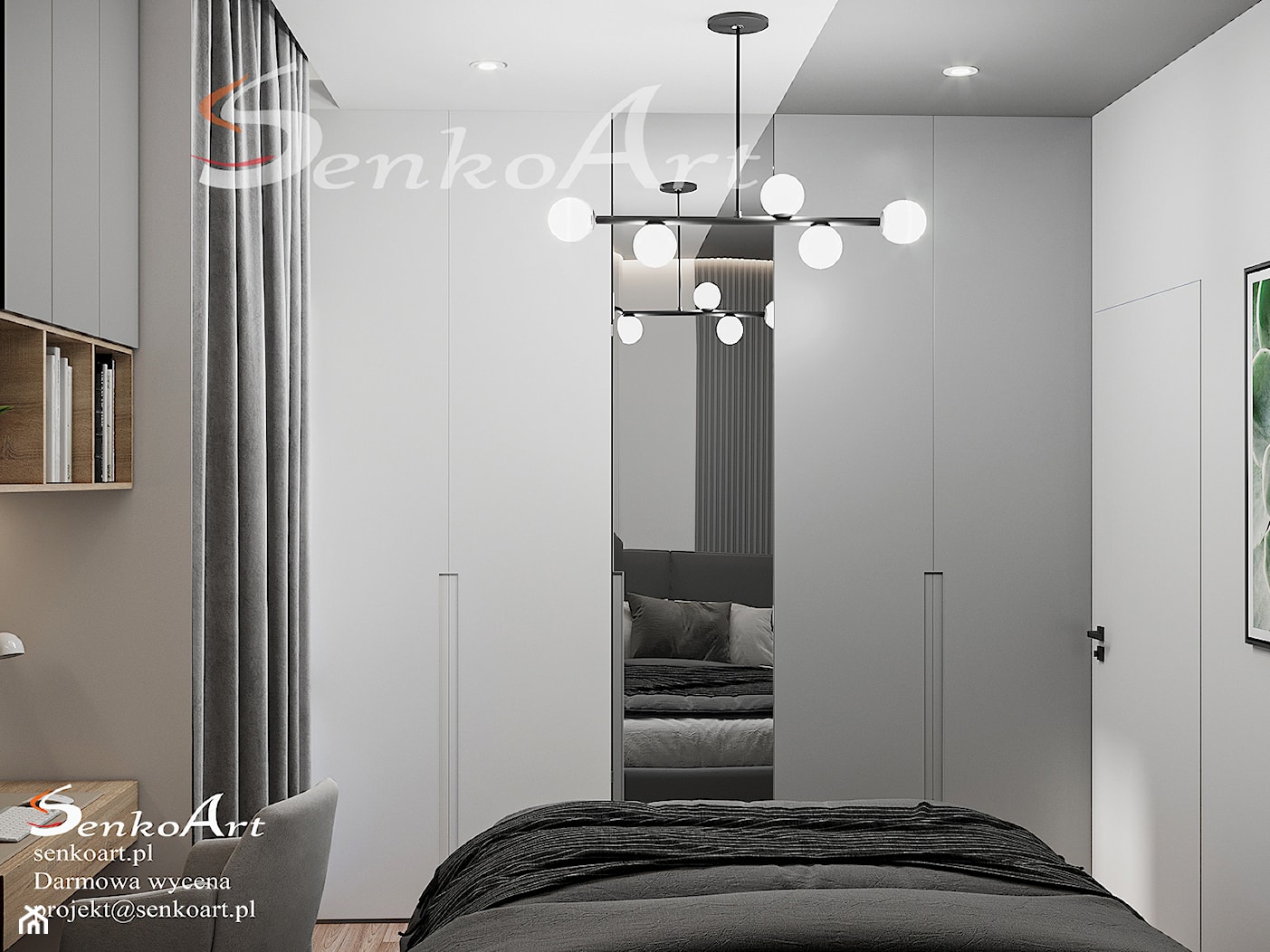 Projekt sypialni z biurkiem do pracy w nowoczesnym stylu - zdjęcie od SenkoArt Design - Homebook
