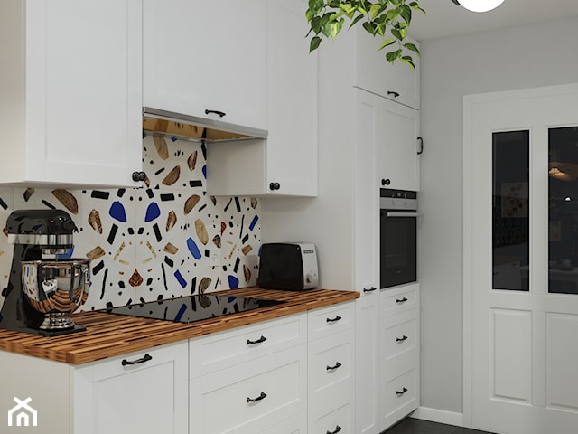 Projekt małej kuchni IKEA z płytkami lastryko