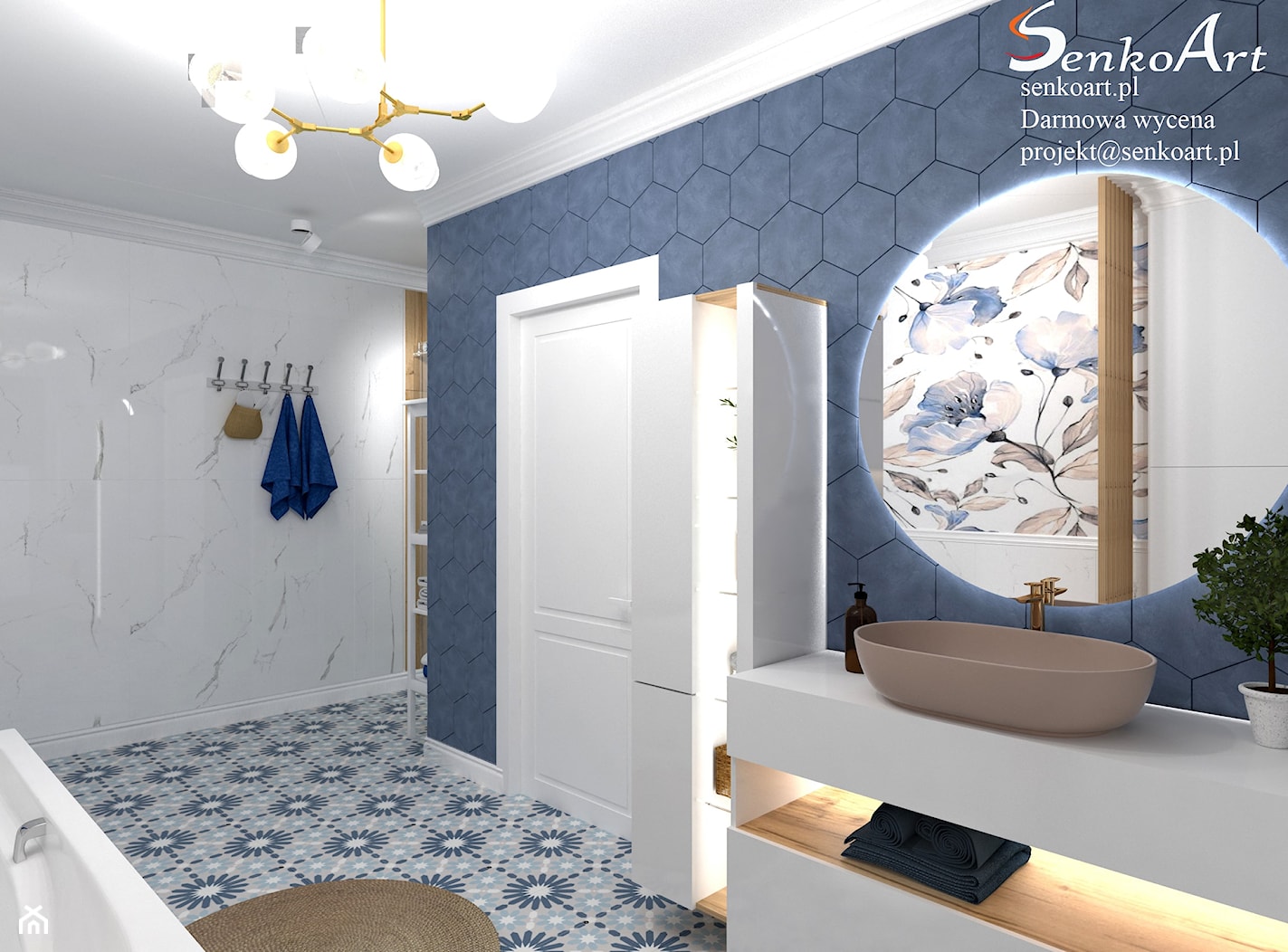 Aranżacja łazienki z niebieskimi płytkami heksagonalnymi - zdjęcie od SenkoArt Design - Homebook