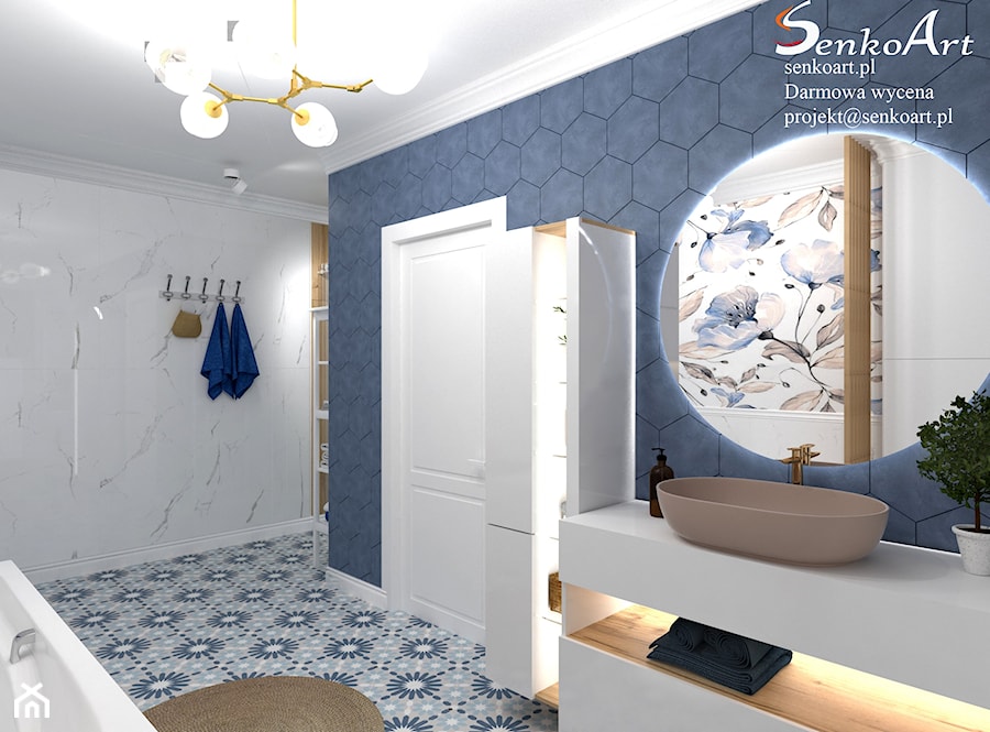 Aranżacja łazienki z niebieskimi płytkami heksagonalnymi - zdjęcie od SenkoArt Design