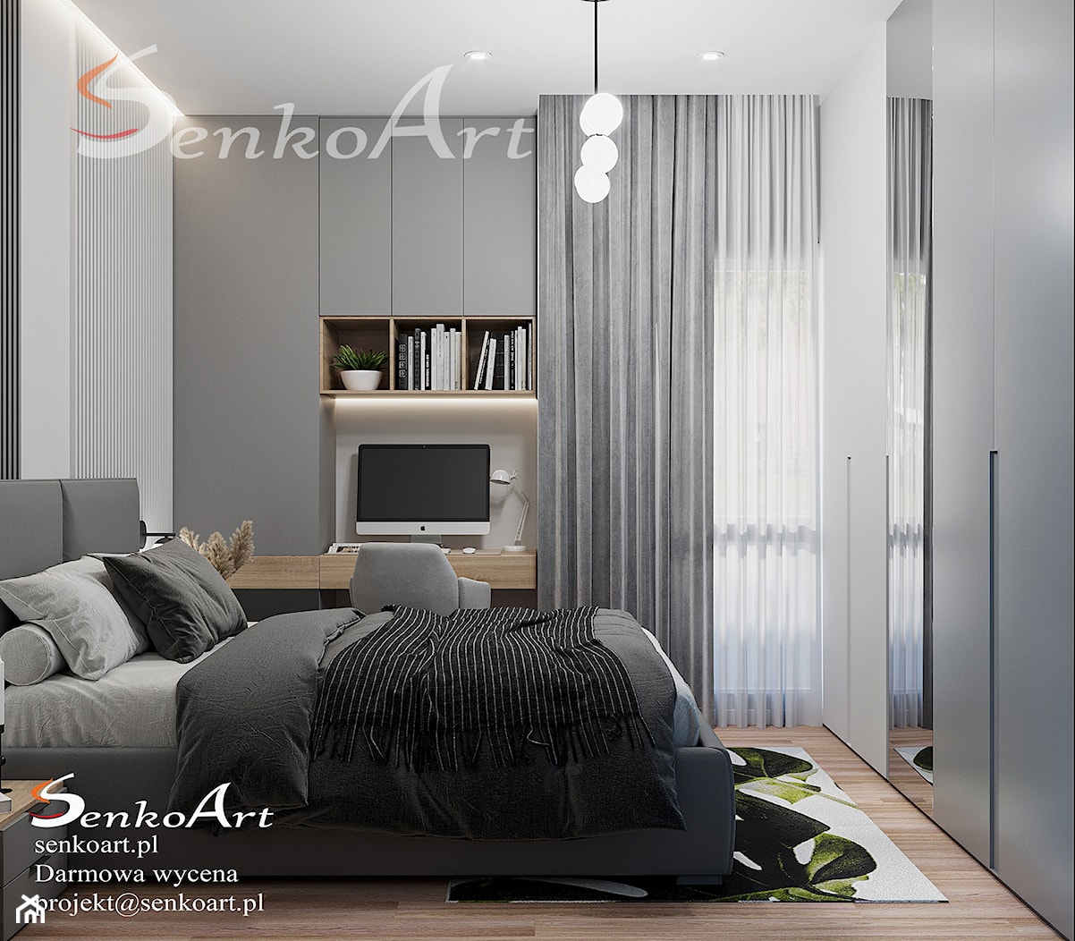 Projekt sypialni z biurkiem do pracy w nowoczesnym stylu - zdjęcie od SenkoArt Design - Homebook