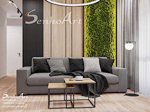 Projekt Salonu z ciekawą zieloną fototapetą - zdjęcie od Senkoart Design