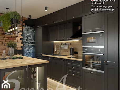 Aranżacje wnętrz - Kuchnia: Czarna kuchnia z drewnianą podłogą - SenkoArt Design. Przeglądaj, dodawaj i zapisuj najlepsze zdjęcia, pomysły i inspiracje designerskie. W bazie mamy już prawie milion fotografii!