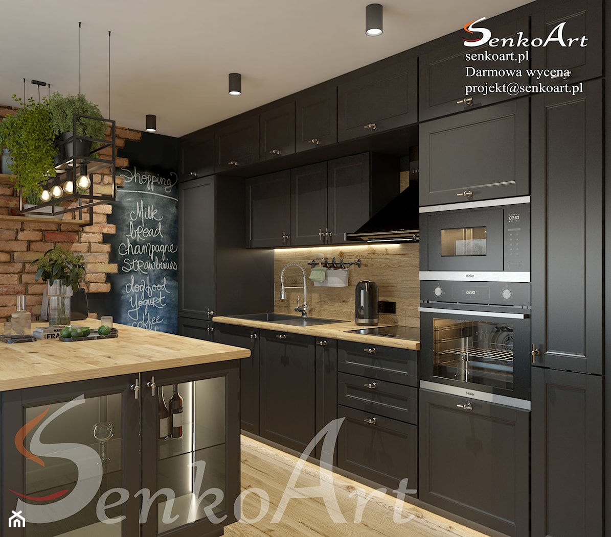 Czarna kuchnia z drewnianą podłogą - zdjęcie od SenkoArt Design - Homebook