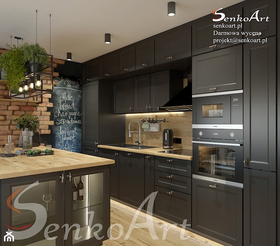 Czarna kuchnia z drewnianą podłogą - zdjęcie od SenkoArt Design