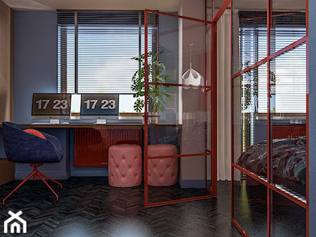 Aranżacje wnętrz - Biuro: TNT I'm dynamite - Średnie z sofą z zabudowanym biurkiem niebieskie różowe biuro, styl nowoczesny - e interiors. Przeglądaj, dodawaj i zapisuj najlepsze zdjęcia, pomysły i inspiracje designerskie. W bazie mamy już prawie milion fotografii!