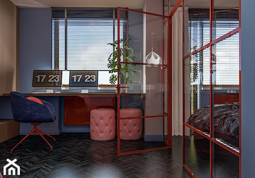 TNT I'm dynamite - Średnie z sofą z zabudowanym biurkiem niebieskie różowe biuro, styl nowoczesny - zdjęcie od e interiors