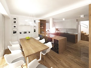 Przestronne mieszkanie w drewnie - Średnia otwarta z salonem biała szara z zabudowaną lodówką z nablatowym zlewozmywakiem kuchnia w kształcie litery u z oknem - zdjęcie od DNAarchitekci