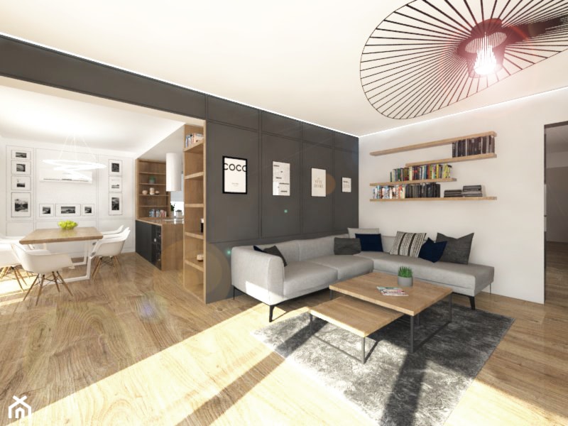Przestronne mieszkanie w drewnie - Duży biały czarny salon - zdjęcie od DNAarchitekci
