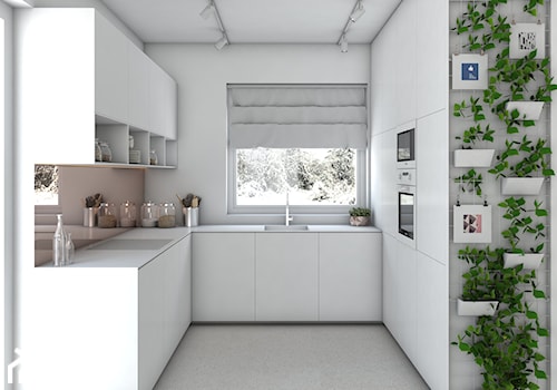Białe wnętrze z miedzianymi elementami - Średnia otwarta biała różowa z zabudowaną lodówką z podblatowym zlewozmywakiem kuchnia w kształcie litery u z oknem, styl nowoczesny - zdjęcie od DNAarchitekci