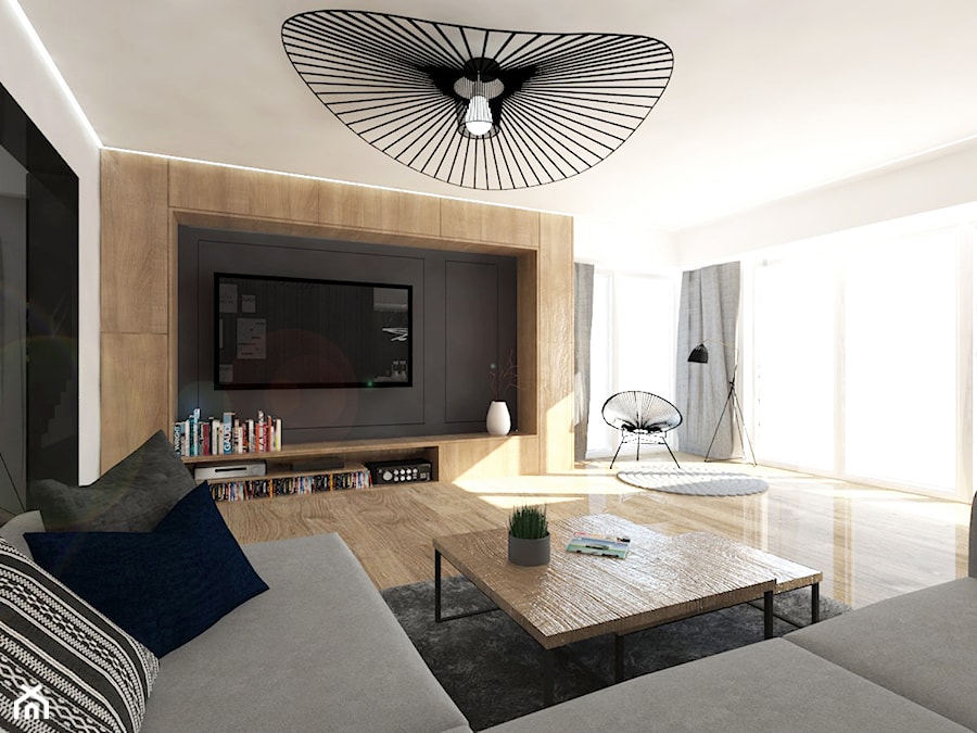 Przestronne mieszkanie w drewnie - Duży biały czarny salon - zdjęcie od DNAarchitekci