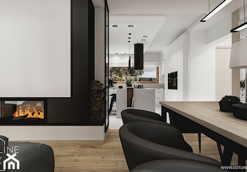 Dom jednorodzinny w stylu nowoczesnym 2 - Średni biały czarny salon z kuchnią z jadalnią, styl nowoczesny - zdjęcie od Outline of Design