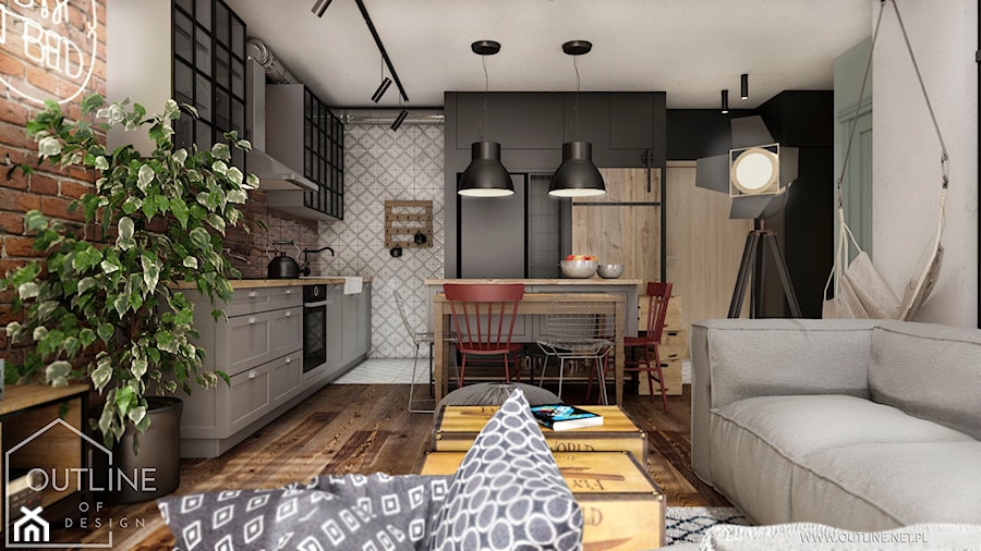 Mieszkanie w stylu industrialnym - Mały czarny szary salon z kuchnią z jadalnią, styl industrialny - zdjęcie od Outline of Design