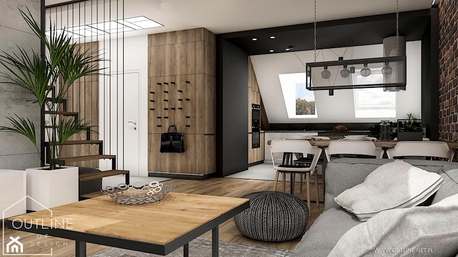 Nowoczesna mieszkanie na poddaszu w stylu industrialnym - Średni czarny szary salon z kuchnią z jadalnią, styl industrialny - zdjęcie od Outline of Design