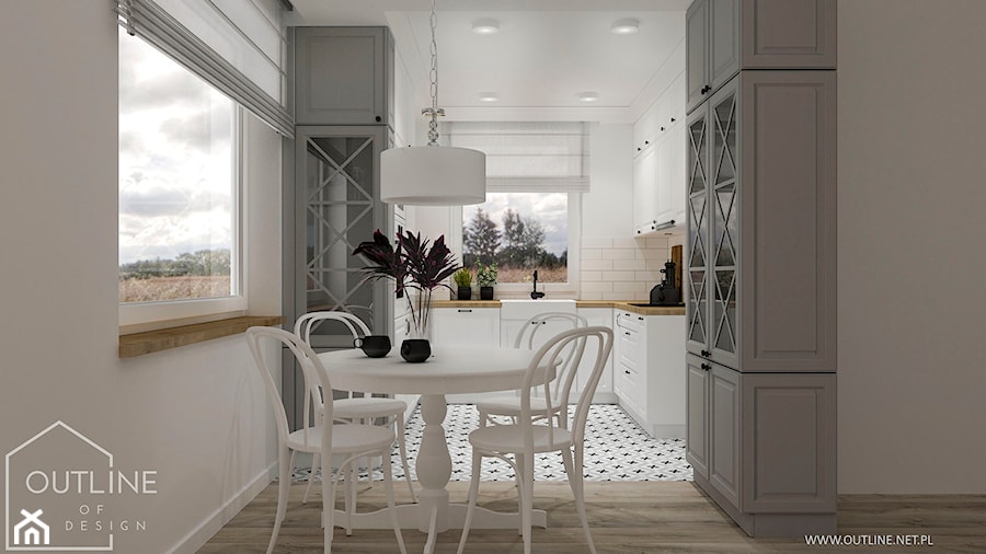 Białe kuchnie w stylu klasycznym - Mała otwarta biała z zabudowaną lodówką z lodówką wolnostojącą z ... - zdjęcie od Outline of Design