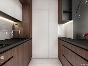 Kuchnia w stylu nowoczesnym - Średnia otwarta szara z zabudowaną lodówką z lodówką wolnostojącą z nablatowym zlewozmywakiem kuchnia dwurzędowa, styl nowoczesny - zdjęcie od Outline of Design