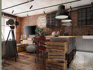 Mieszkanie w stylu industrialnym - Mały szary salon z kuchnią z jadalnią, styl industrialny - zdjęcie od Outline of Design