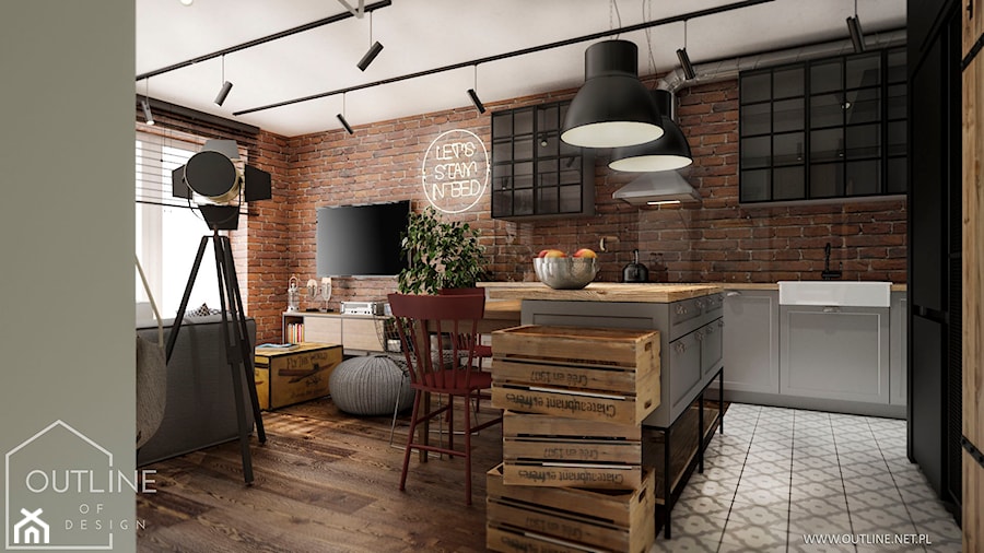 Mieszkanie w stylu industrialnym - Mały szary salon z kuchnią z jadalnią, styl industrialny - zdjęcie od Outline of Design