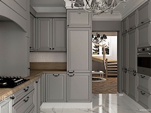 Dom jednorodzinny w stylu klasycznym - Średnia zamknięta szara z zabudowaną lodówką kuchnia w kształcie litery u, styl tradycyjny - zdjęcie od Outline of Design
