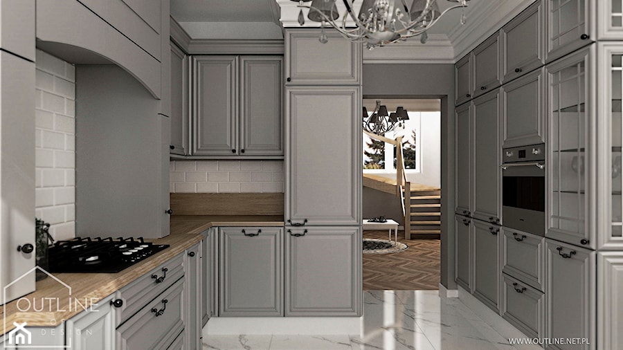Dom jednorodzinny w stylu klasycznym - Średnia zamknięta szara z zabudowaną lodówką kuchnia w kształcie litery u, styl tradycyjny - zdjęcie od Outline of Design
