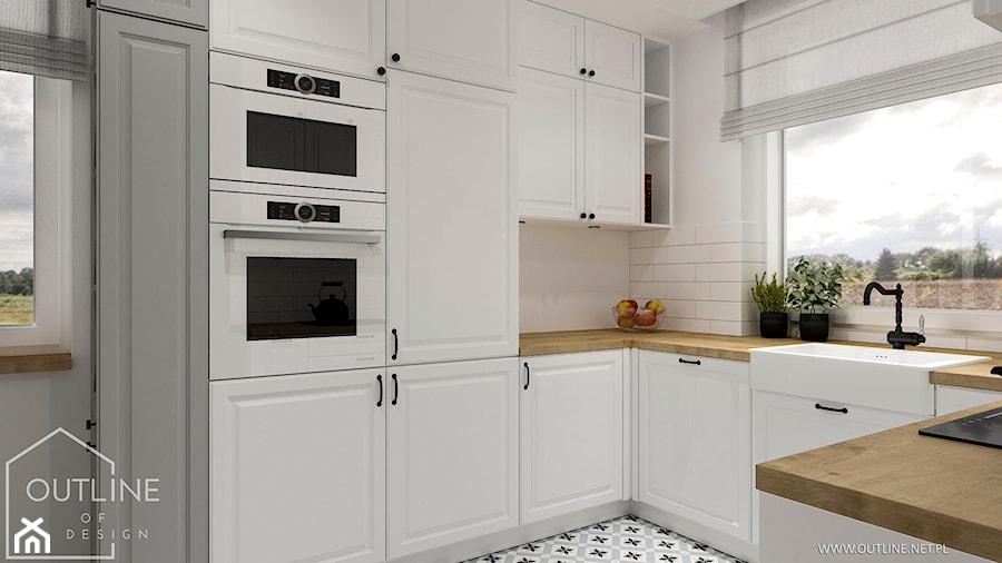 Białe kuchnie w stylu klasycznym - Średnia otwarta szara z zabudowaną lodówką z nablatowym zlewozmywakiem kuchnia w kształcie litery u z oknem, styl tradycyjny - zdjęcie od Outline of Design