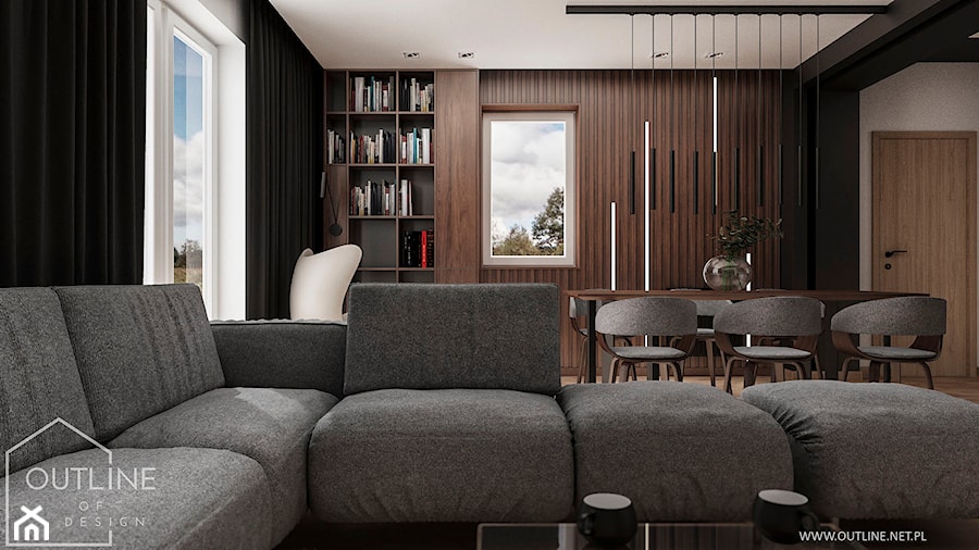 Nowoczesny dom jednorodzinny 2 - Duży czarny szary salon z jadalnią, styl nowoczesny - zdjęcie od Outline of Design
