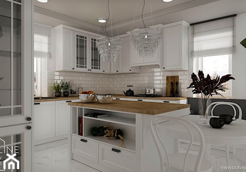 Białe kuchnie w stylu klasycznym - Duża otwarta biała z zabudowaną lodówką z nablatowym zlewozmywaki ... - zdjęcie od Outline of Design