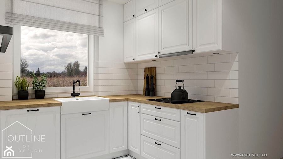 Białe kuchnie w stylu klasycznym - Mała zamknięta szara z zabudowaną lodówką z nablatowym zlewozmywakiem kuchnia w kształcie litery l z oknem, styl tradycyjny - zdjęcie od Outline of Design