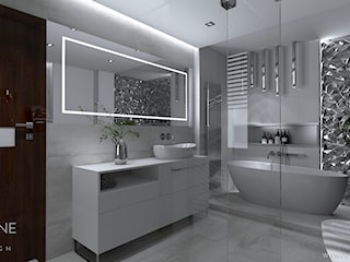 Łazienka w stylu glamour z geometryczną ścianą 