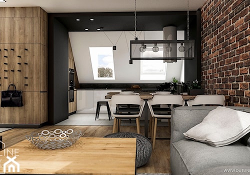 Nowoczesna mieszkanie na poddaszu w stylu industrialnym - Średni czarny szary salon z kuchnią z jada ... - zdjęcie od Outline of Design