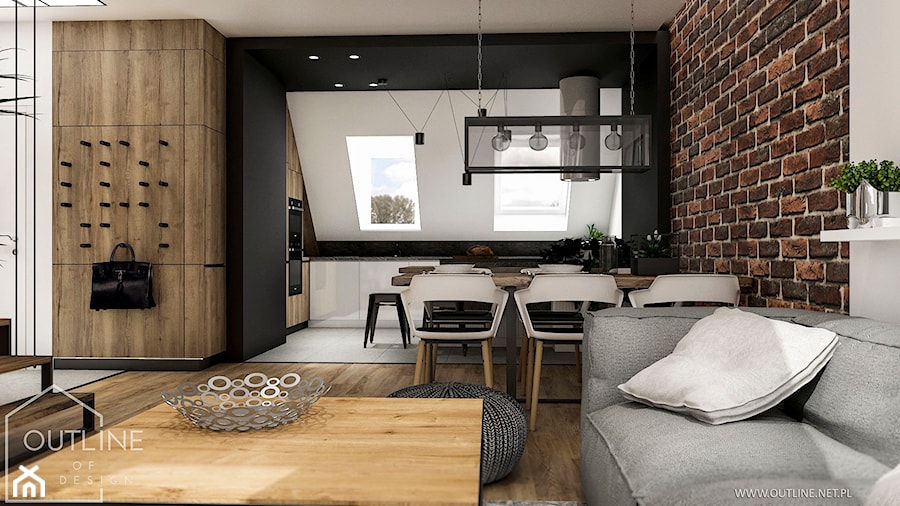 Nowoczesna mieszkanie na poddaszu w stylu industrialnym - Średni czarny szary salon z kuchnią z jadalnią, styl industrialny - zdjęcie od Outline of Design