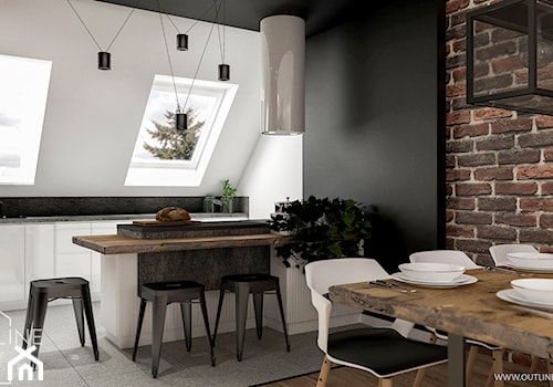 Nowoczesna mieszkanie na poddaszu w stylu industrialnym - Średnia otwarta z kamiennym blatem biała czarna z zabudowaną lodówką z nablatowym zlewozmywakiem kuchnia dwurzędowa z oknem, styl industrialny - zdjęcie od Outline of Design