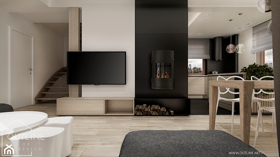 Dom jednorodzinny w stylu nowoczesnym - Średni czarny szary salon z kuchnią z jadalnią, styl nowoczesny - zdjęcie od Outline of Design