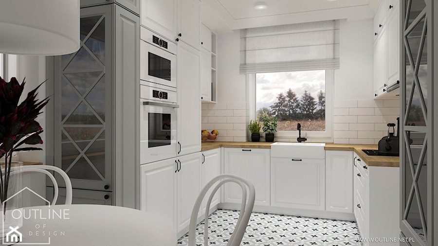 Białe kuchnie w stylu klasycznym - Mała otwarta szara z zabudowaną lodówką z nablatowym zlewozmywakiem kuchnia w kształcie litery u z oknem, styl tradycyjny - zdjęcie od Outline of Design