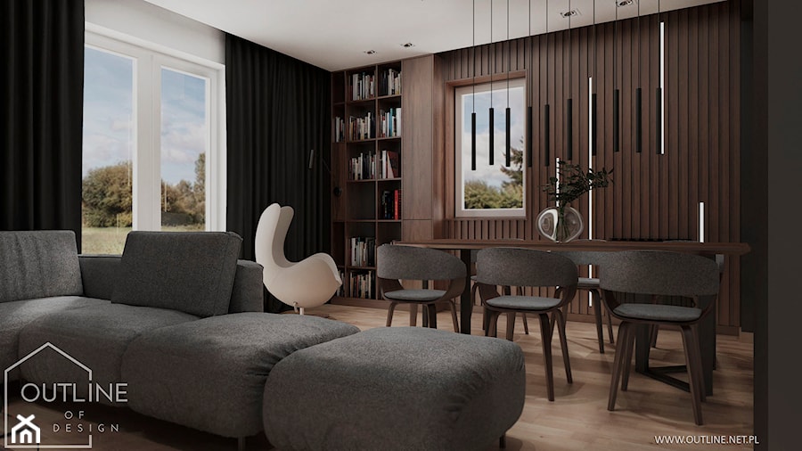 Nowoczesny dom jednorodzinny 2 - Średni czarny szary salon z jadalnią, styl nowoczesny - zdjęcie od Outline of Design
