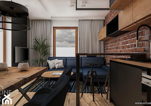 Mieszkanie w stylu nowoczesnym - Mały czarny szary salon z kuchnią z jadalnią, styl nowoczesny - zdjęcie od Outline of Design