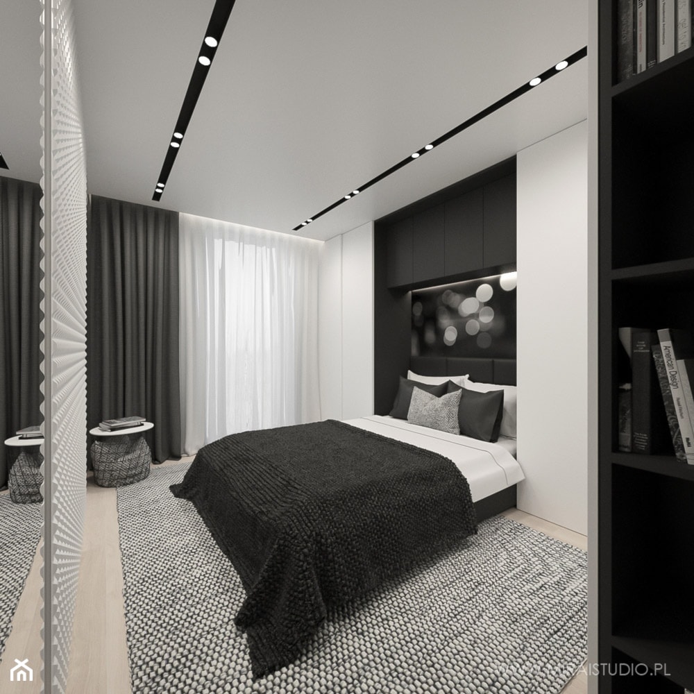 KRAKÓW, BOHATERÓW WRZEŚNIA - MIESZKANIE - Średnia biała czarna sypialnia, styl minimalistyczny - zdjęcie od MIRAI STUDIO - Homebook