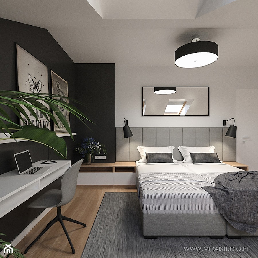 KRAKÓW, KAZIMIERZ, HARMONICA HOUSE - APARTAMENT NA WYNAJEM KRÓTKOTERMINOWY - Średnia biała czarna szara z biurkiem sypialnia na poddaszu, styl nowoczesny - zdjęcie od MIRAI STUDIO