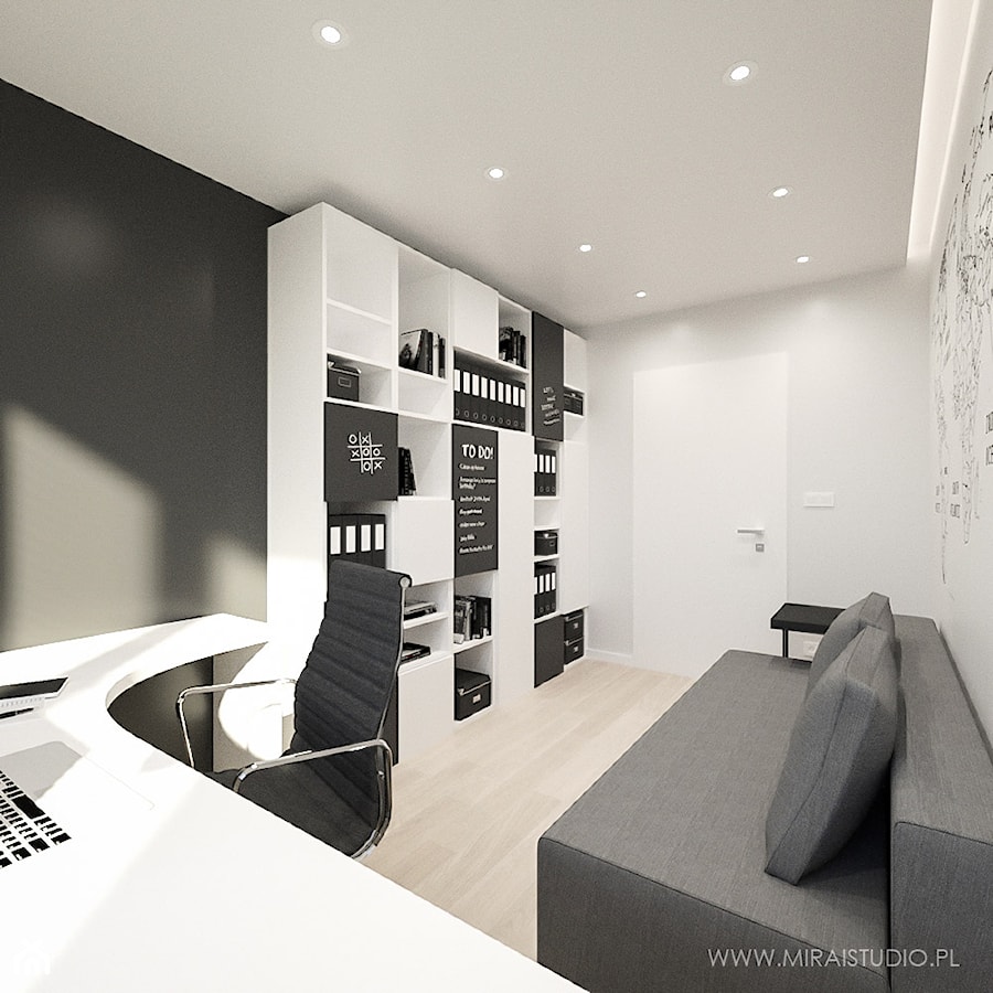 WARSZAWA, NOWAKA-JEZIORAŃSKIEGO - MIESZKANIE - Średnie w osobnym pomieszczeniu z sofą z zabudowanym biurkiem białe czarne szare biuro, styl minimalistyczny - zdjęcie od MIRAI STUDIO